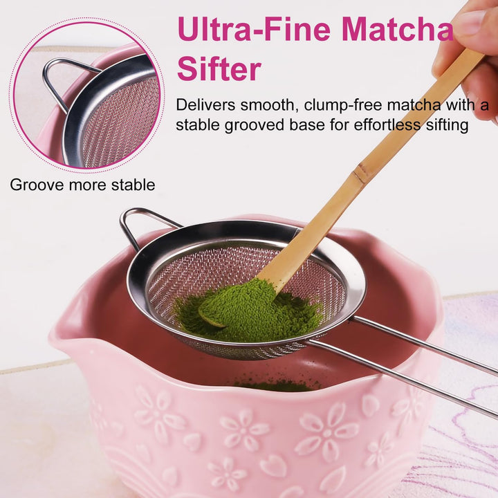 Matcha Set Pink, 8 Stück Matcha Tee Sets mit Matcha Besen und Schale, Schaufel, Löffelständer, Besen