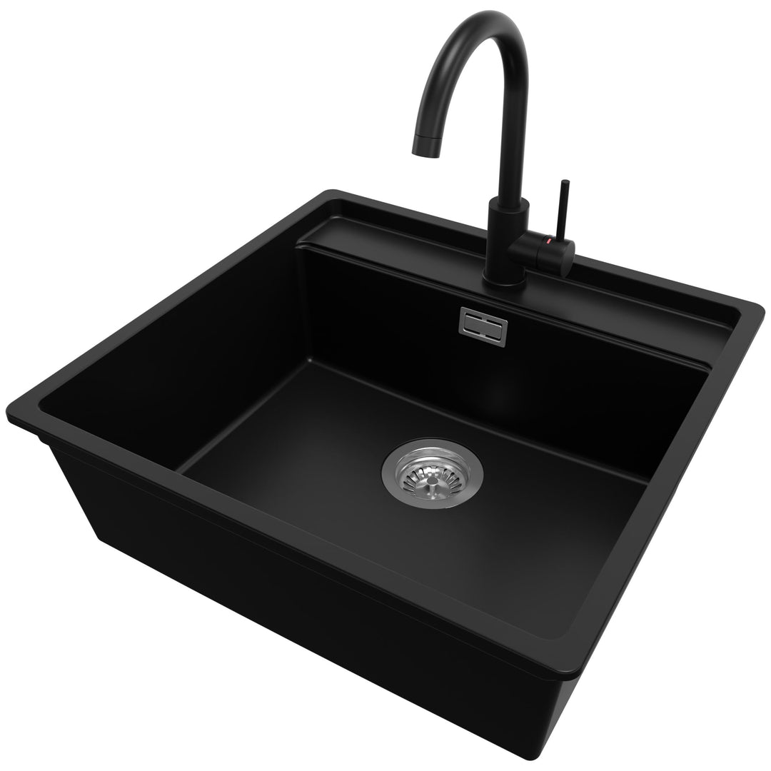 PRIMAGRAN Granitspüle Schwarz 56x53cm, Eckspüle 1 Becken + Ablauf-Set + Küchenarmatur 32x20cm, Küche