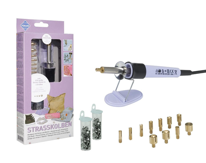 Pebaro 0251 Strass Set, Strasskolben, 12 Aufsätze für verschiedene Grössen, 576 Strasssteine, Hotfix