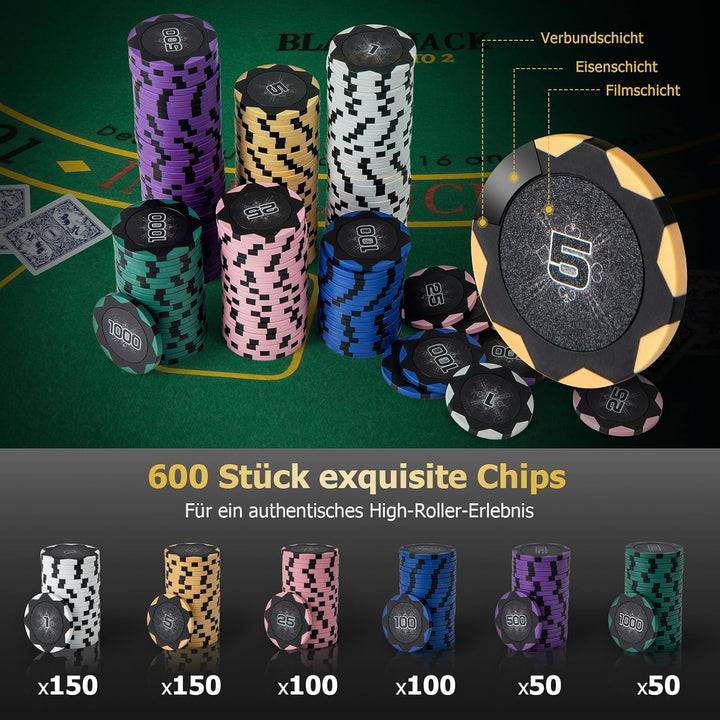 DREAMADE Pokerkoffer mit 600 Laser Poker Chips/ 6 Pokerkarten Set/Kartenmischer/Kartengeber/Spielmat