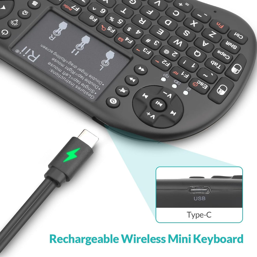 Rii Mini i8+ Wireless (QWERTY US Layout) - Mini Beleuchtete Tastatur mit Multi-Touch Maus-Pad für Sm
