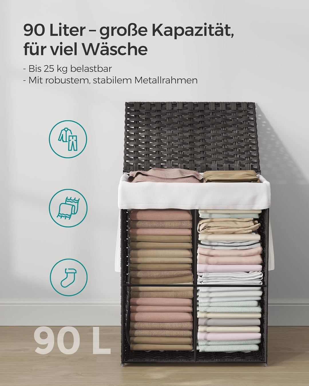 SONGMICS Wäschekorb 90 Liter, handgeflochten, Wäschesammler aus synthetischem Rattan, mit Deckel und