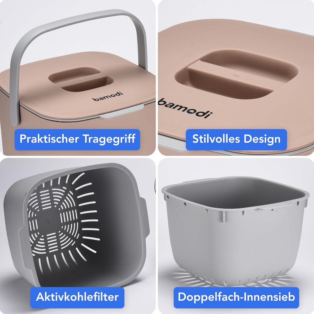 Bamodi Organic Bin 7L Peach mit Deckel und 2 Fächer - Bio-Abfalleimer für die Küche für den tägliche
