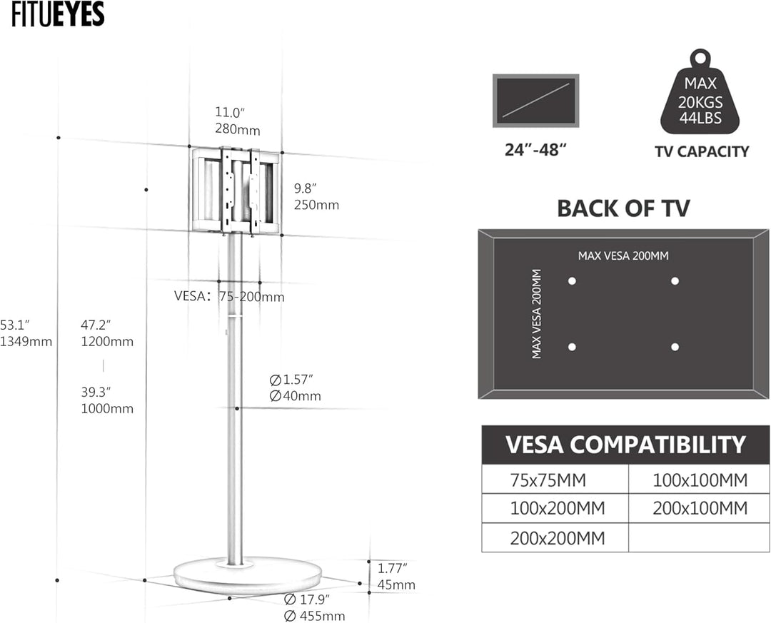 FITUEYES Design TV Ständer Rollbar für 24-48 Zoll Fernseher Mobiler TV Standfuss höhenverstellbar Mo