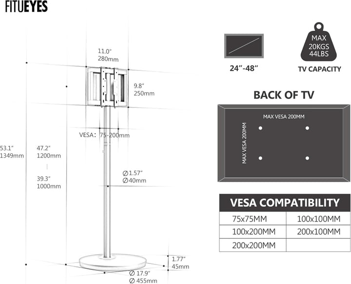 FITUEYES Design TV Ständer Rollbar für 24-48 Zoll Fernseher Mobiler TV Standfuss höhenverstellbar Mo