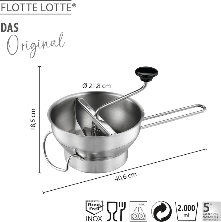 GEFU Passiergerät Flotte Lotte - manuelle Edelstahl-Passiermühle inkl. 3 Lochscheiben mit unterschie