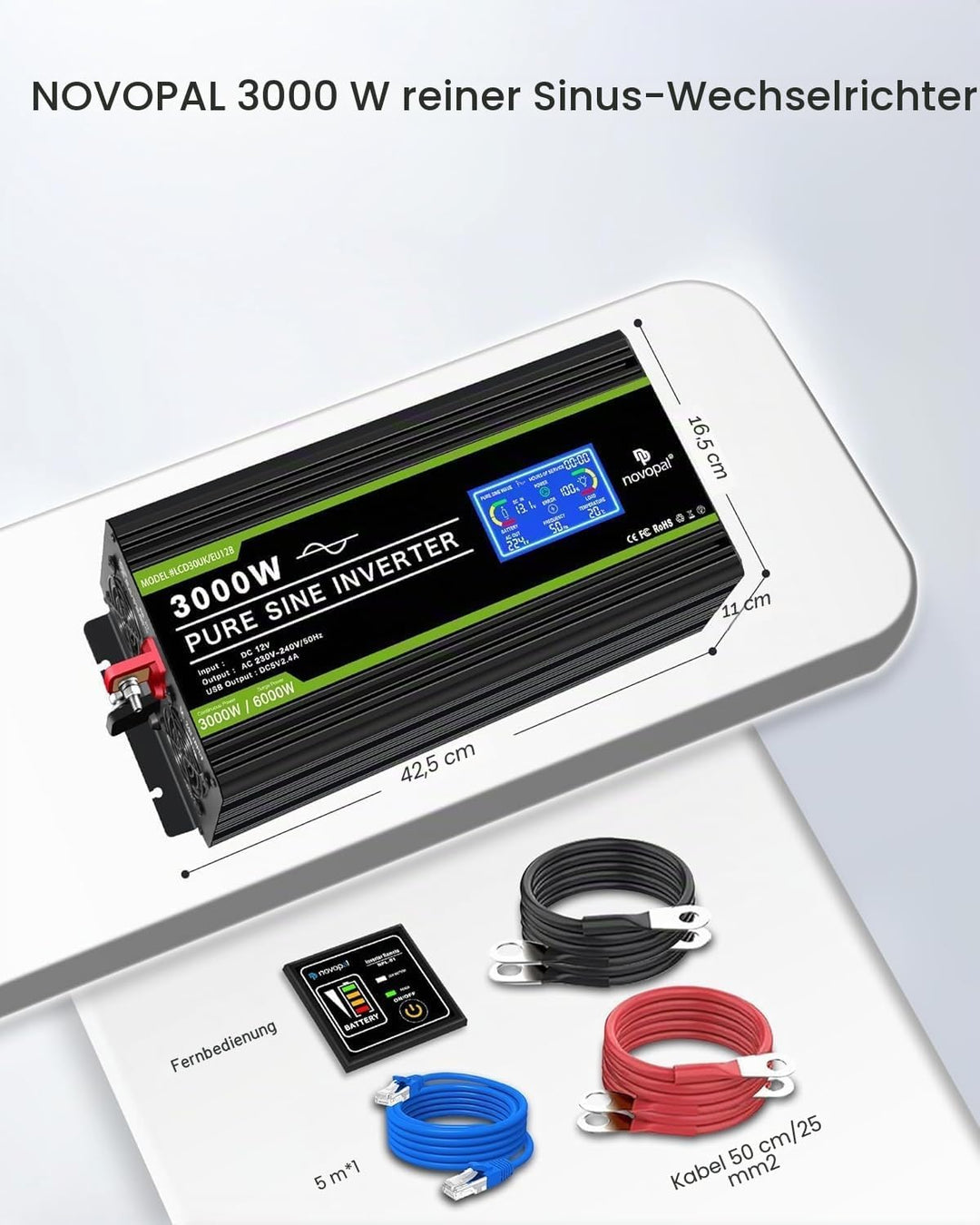 NOVOPAL 3000W Kfz Wechselrichter Spannungswandler 12v 230v Reiner Sinus mit LCD-Display und USB-Ansc