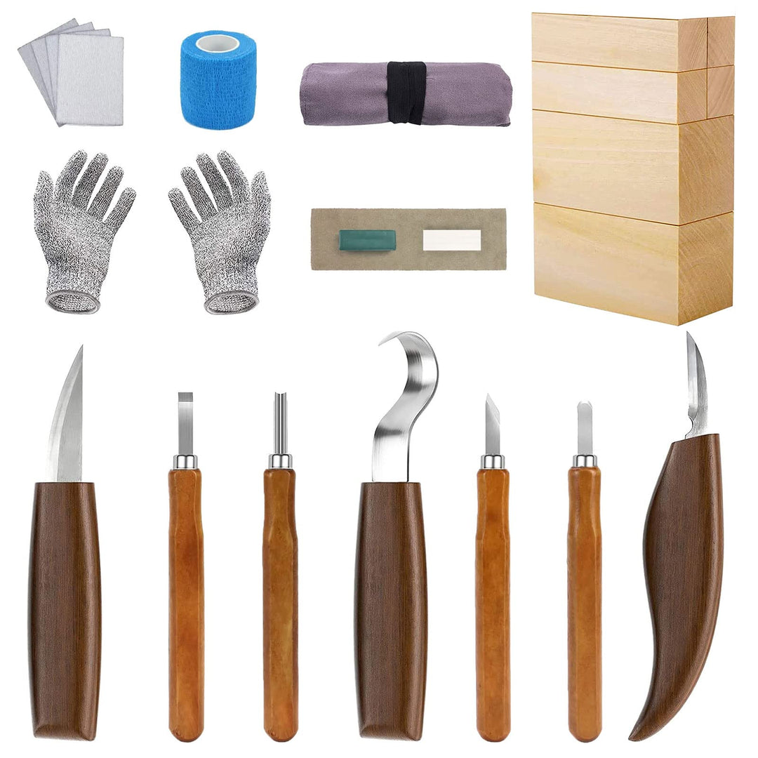 Holz Schnitzwerkzeug Set, KAQ 24 in 1 Schnitzset mit 7*Schnitzmesser, 6 Stück Lindenholz zum Schnitz