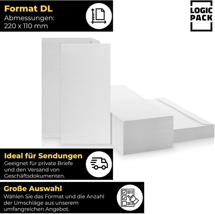 LOGIC PACK Briefumschläge DIN Lang ohne Fenster Selbstklebend - Kuvert DL Umschläge Weiss - Briefums