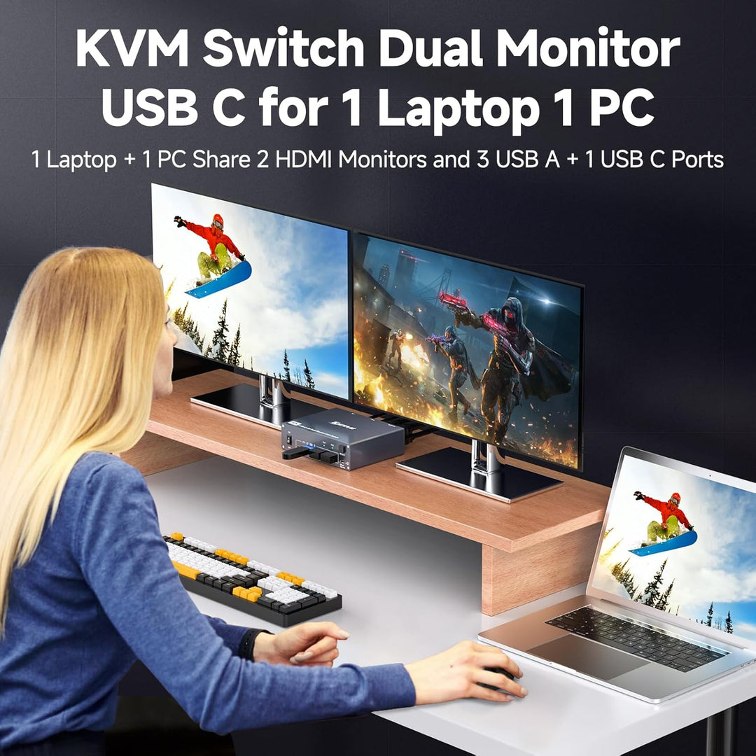 4K KVM Switch 2 Monitore für 1 Laptop 1 Desktop, USB 3.0 KVM Switch 2 PC 2 Monitore USB C, 4K@60Hz,