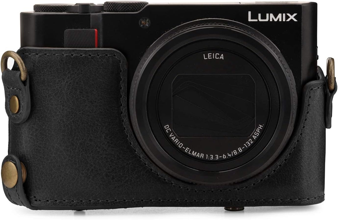 MegaGear Panasonic Lumix DC-TZ100, TZ200 Ever Ready Echtleder Kamera-Case mit Trageriemen - Schwarz,
