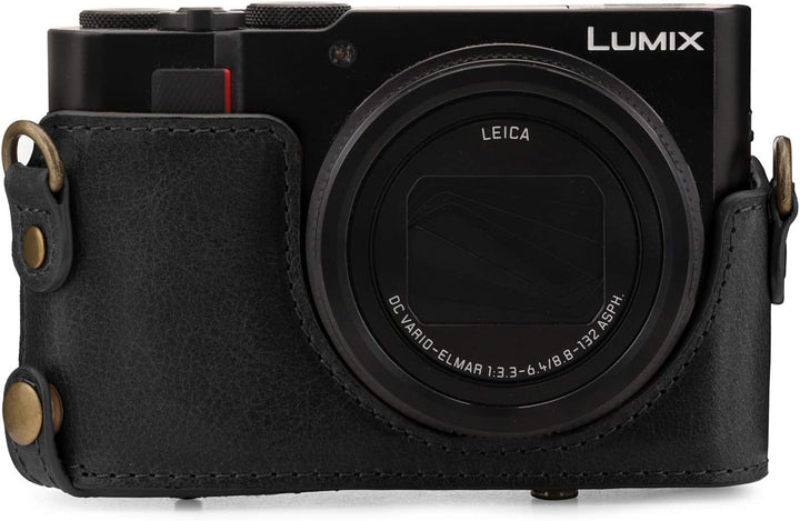 MegaGear Panasonic Lumix DC-TZ100, TZ200 Ever Ready Echtleder Kamera-Case mit Trageriemen - Schwarz,