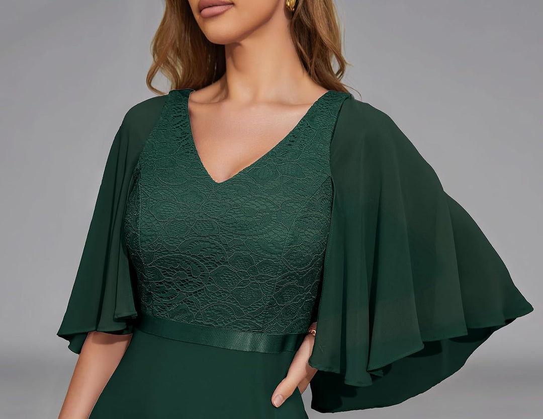DRESSTELLS Abendkleid Damen Festlich Spitzenkleid für Hochzeit Chiffon Cape Ärmel Ballkleid Elegant