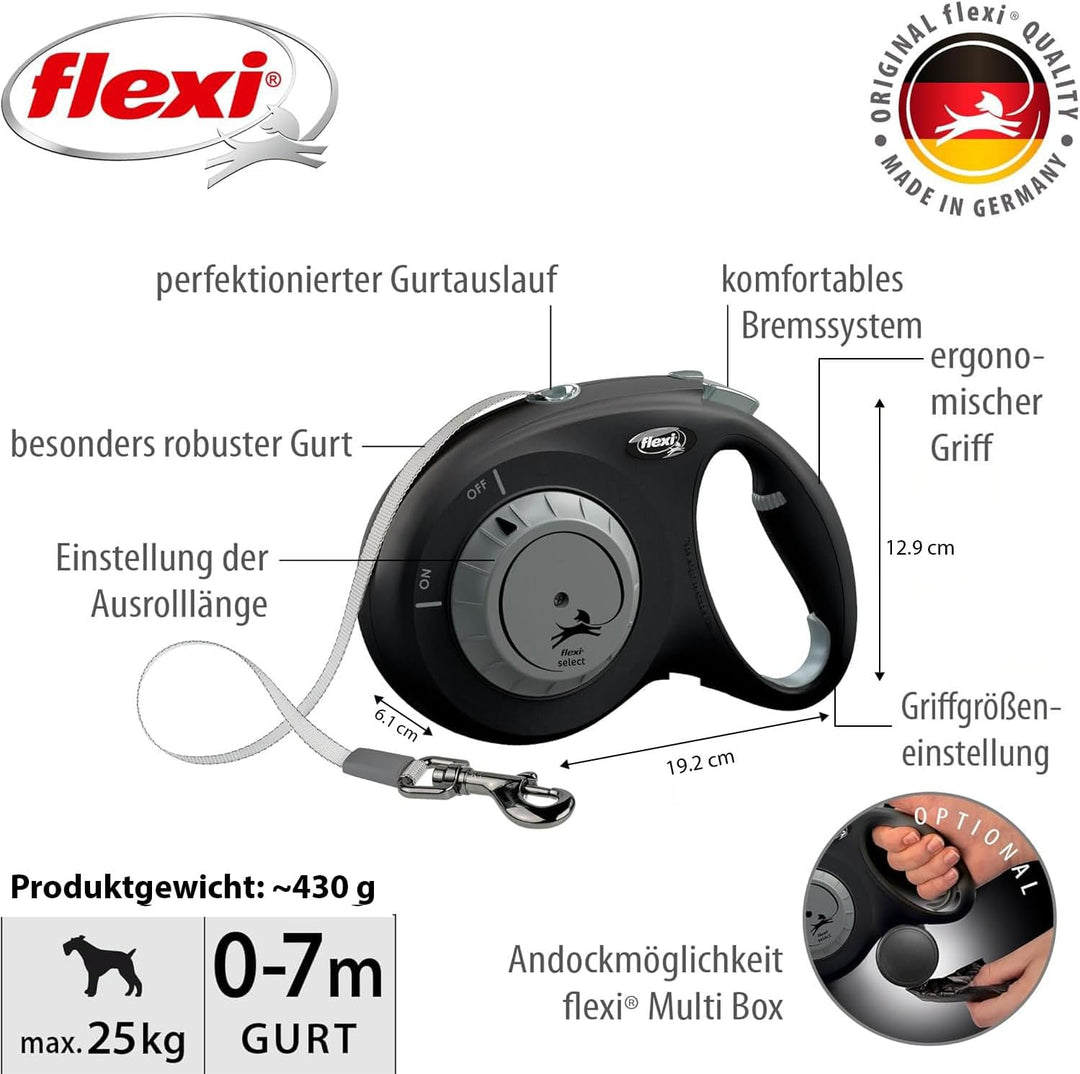 flexi® Select M Gurt 0-7 m schwarz, Roll-Leine für Hunde bis 25 kg M: 0-7m (max. 25kg) schwarz, M: 0