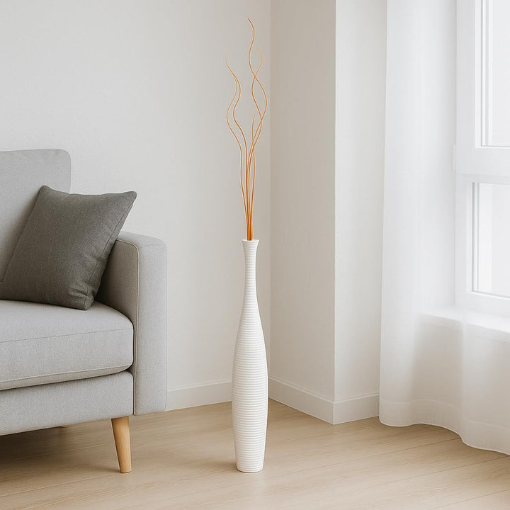Leewadee Grosse Bodenvase für Dekozweige hohe Standvase Design Holzvase, Holz, 70 cm, Weiss 70 cm We