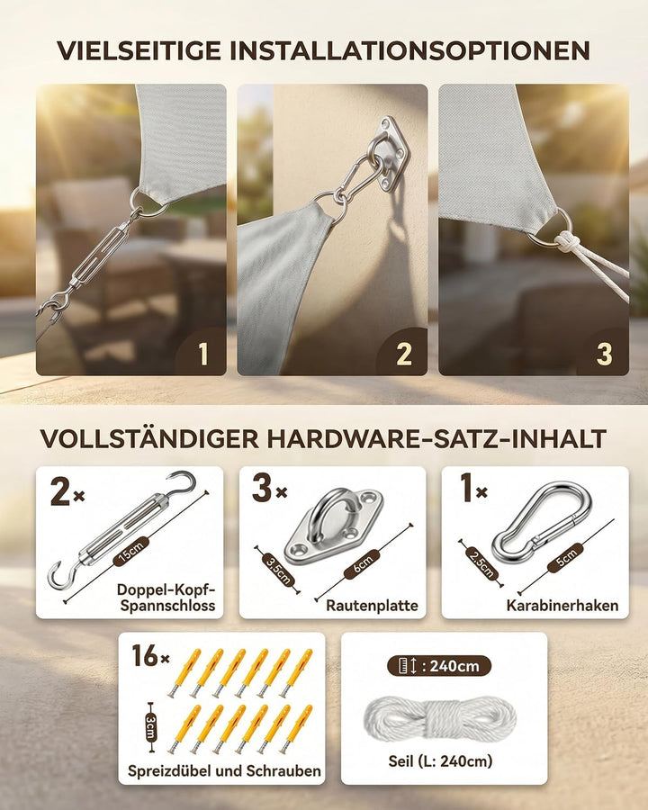 Sonnensegel Dreieckig 3x4x5m Wasserdicht, Sonnenschutz Windschutz, Premium HDPE Wetterbeständig Atmu