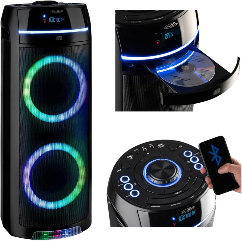 Party-Box PS10CD - mit Bluetooth, LED-Farb-Beleuchtung, FM-Radio und CD-Player - mitgeliefertes Mikr