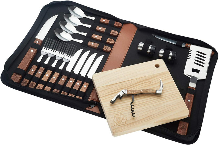 LAGUIOLE - Komplettes Picknick-Set - 18-teilig - Messer - Gabeln - Korkenzieher - Kiefernholzgriffe