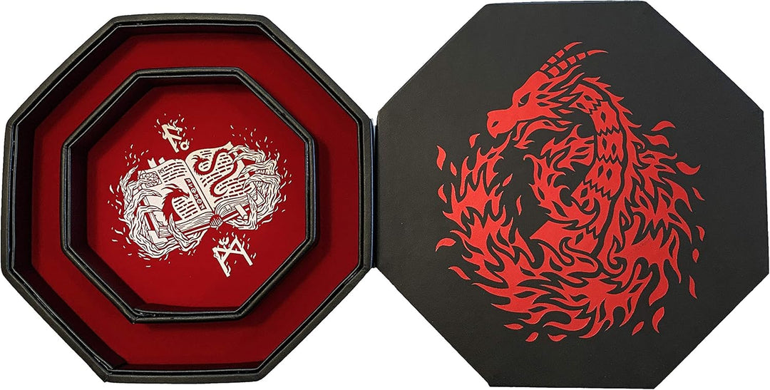 Fantasydice RED Fire Dragon with Wizard Book Print Dice Tray 8" Octagon with Lid and Dice Staging Ar