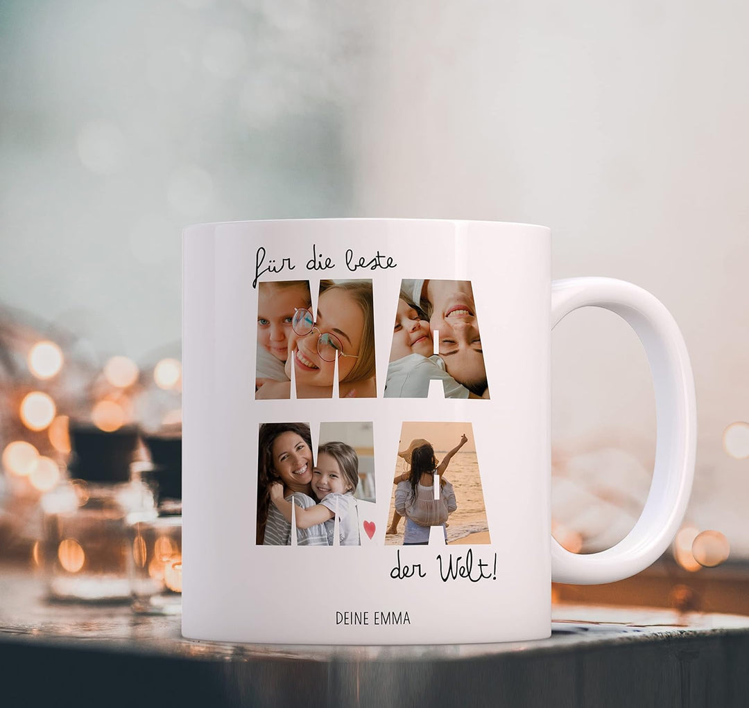 OWLBOOK® Tasse Beste Mama mit 4 Fotos & Spruch selbst gestalten | Fototasse mit eigenem Bild & Text