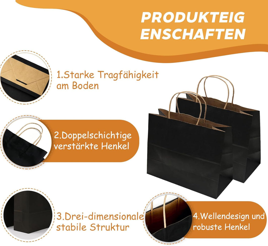 Gaoyong 20 Stück Geschenktüte Schwarz 30x12x23 cm Papiertüten mit Henkel Papiertüten Schwarz Zum Kra
