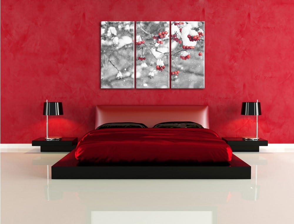 Pixxprint Vogelbeeren mit Schnee bedeckt Schwarz/Weiss 3-Teiler Leinwandbild 120x80 Bild auf Leinwan