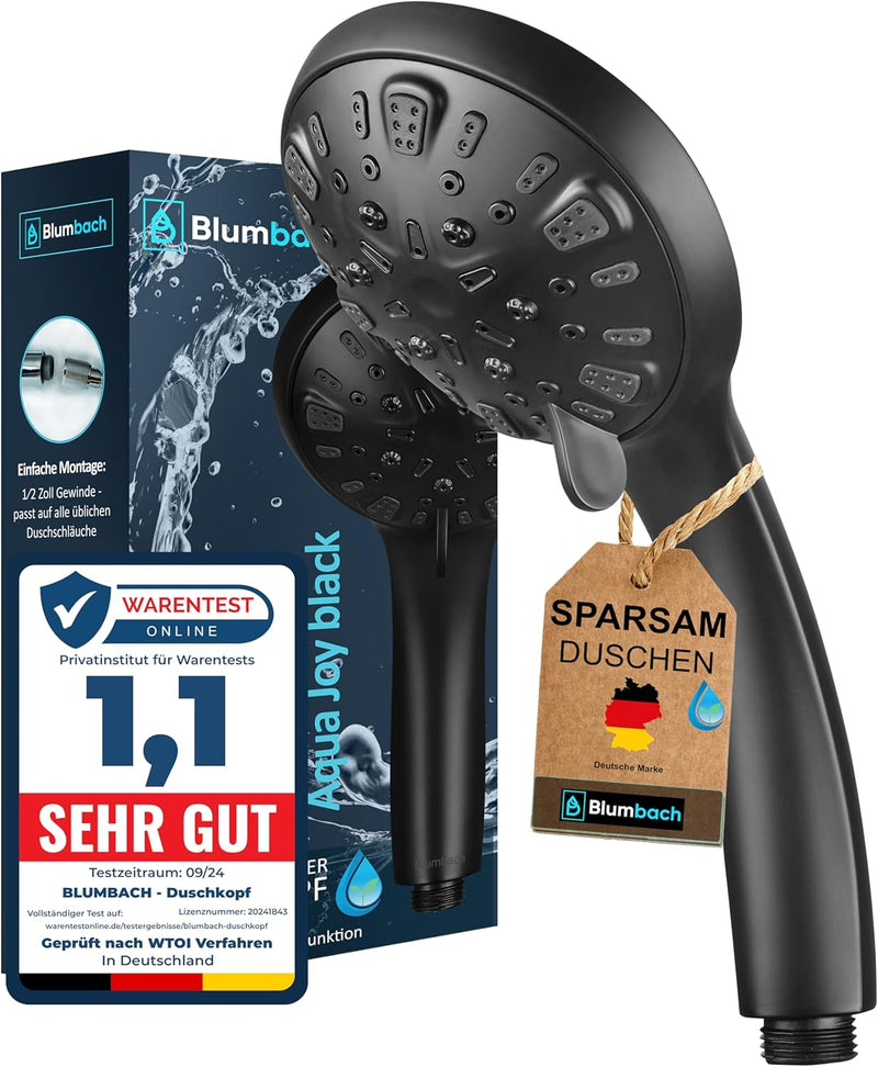 BLUMBACH ® Duschkopf schwarz wassersparend - Hochdruck Duschkopf Aqua Joy - 8 Strahlarten, Duschbrau