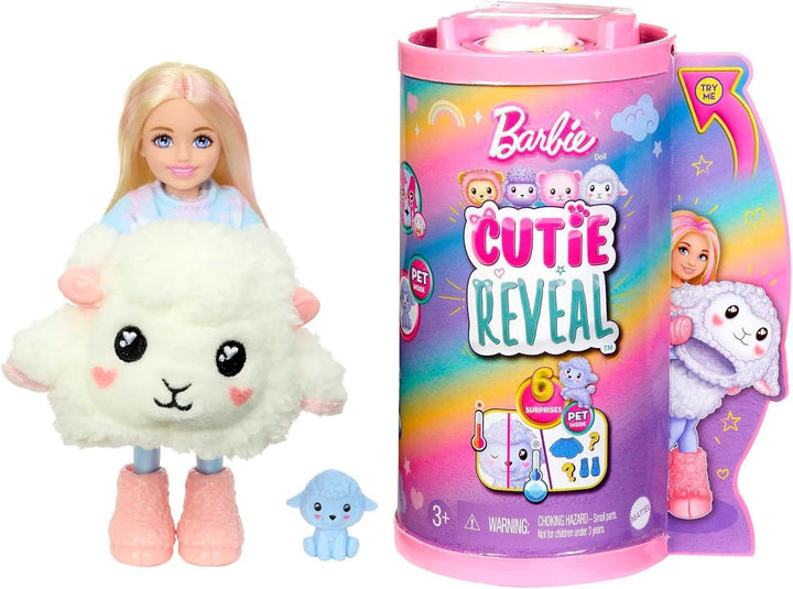 Barbie Cutie Reveal - Chelsea-Puppe mit 6 Überraschungen, Plüschlamm, Moden, Accessoires, Kuscheljac