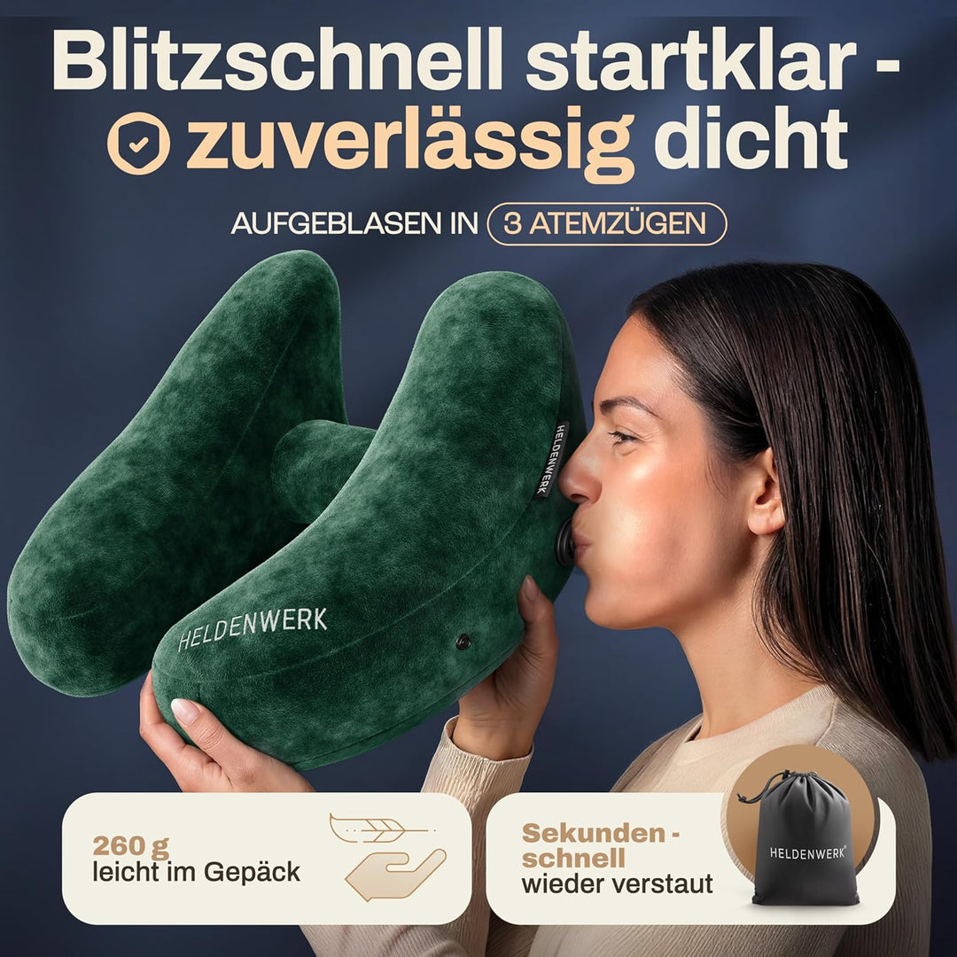 HELDENWERK® Air Nackenkissen Flugzeug Aufblasbar | Reisekissen für 5 Schlafpositionen, schnell aufbl