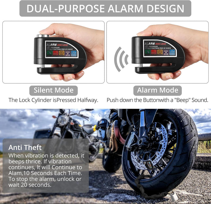 Motorradschloss Justech Fahrrad Kettenschloss Padschloss + Motorrad Alarm Scheibenschloss Zwei Modi