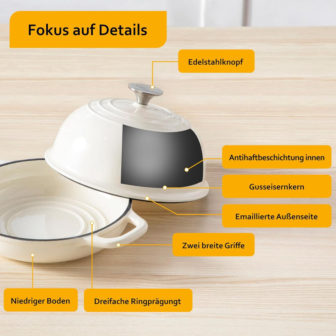 Velaze Gusseisen Topf Brot Backen, 4,8L Emaille Schmortopf mit Deckel und Griffen, 26 cm Brotbacktop