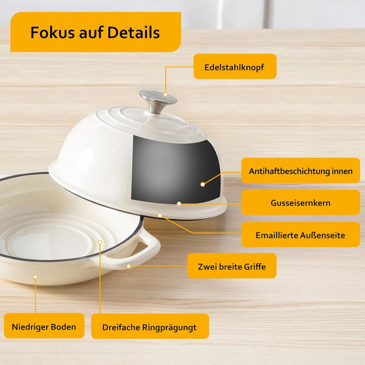 Velaze Gusseisen Topf Brot Backen, 4,8L Emaille Schmortopf mit Deckel und Griffen, 26 cm Brotbacktop