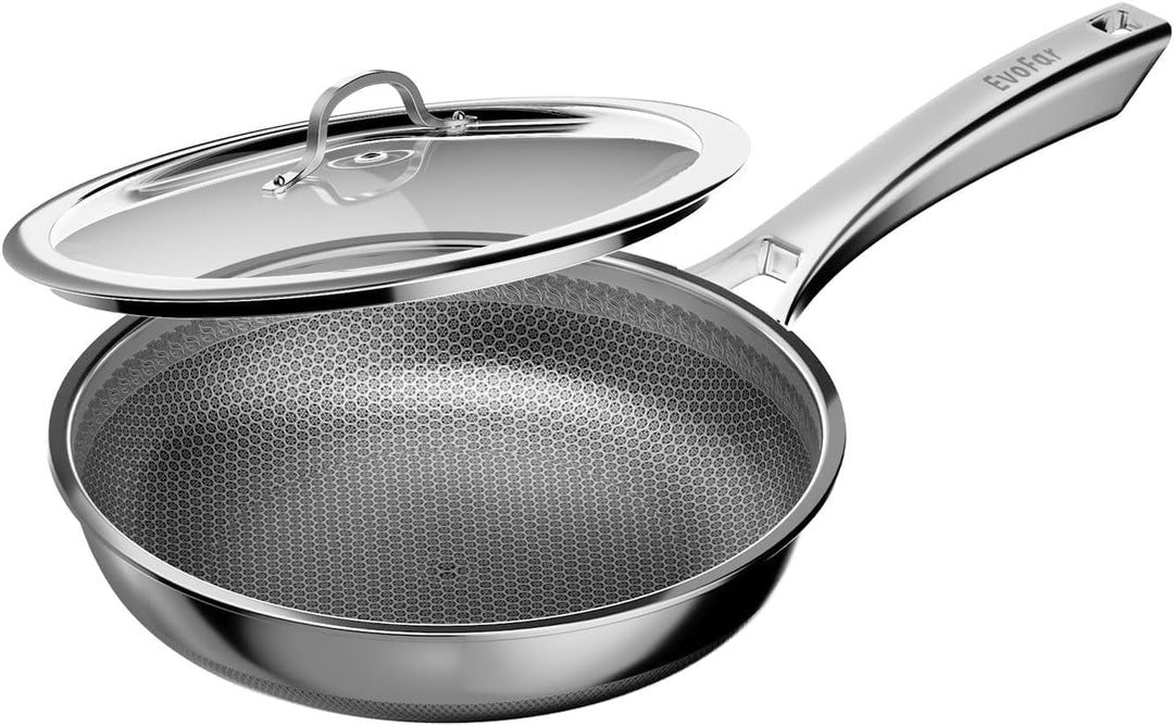Edelstahlpfanne 24 cm mit Deckel, 3-Schicht Antihaft Wabenpfanne, ergonomischer Edelstahlgriff, Edel