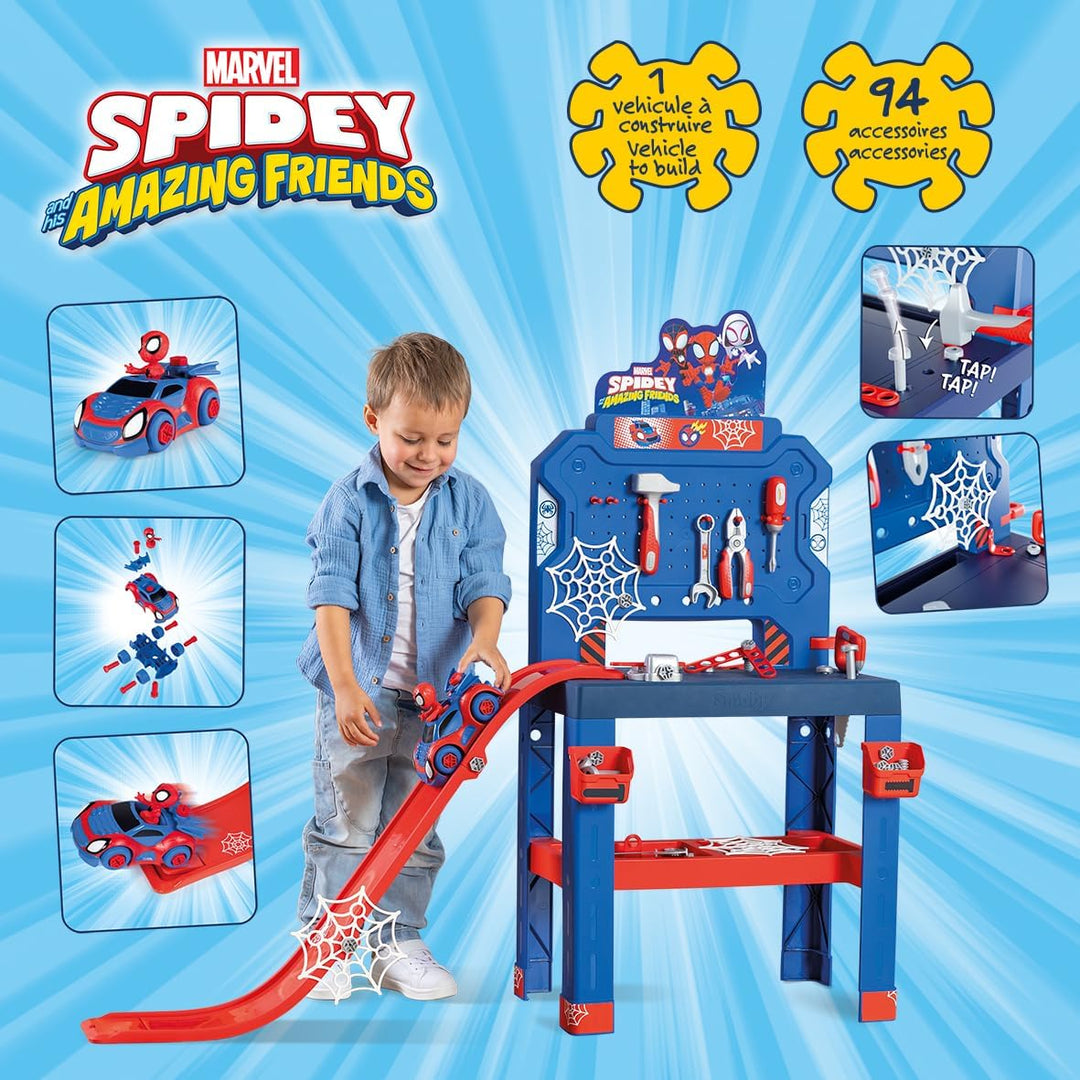Smoby – Spidey Werkbank mit Sprungschanze – Werkcenter, 94 Zubehörteile mit 6 Werkzeugen &amp; Fahrzeug-