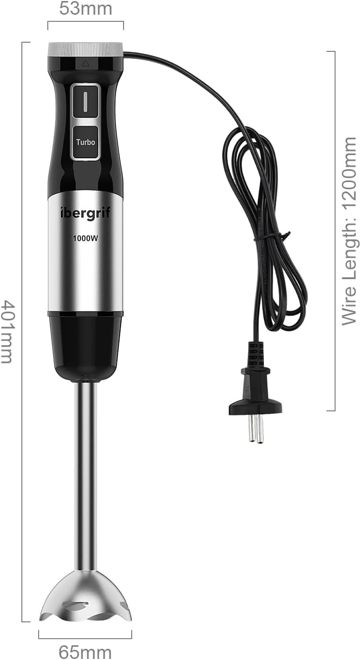 Ibergrif Stabmixer 1000W Edelstahl mit stufenloser Geschwindigkeitsregelung und Turbo Taste, Elektri