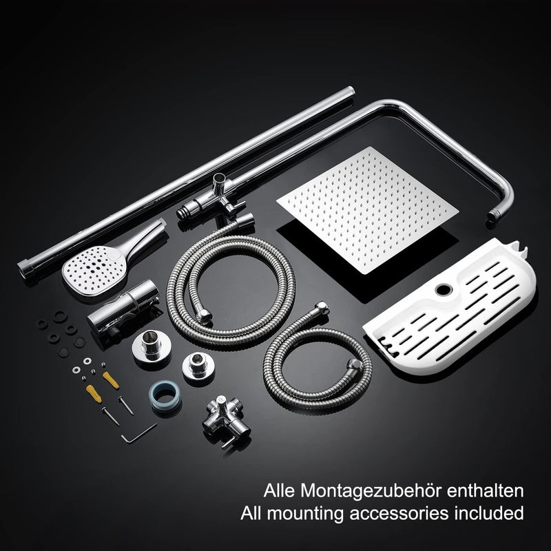 JOHO Regen Dusche Rainshower Überkopfbrauseset Regendusche Duschset Duschsystem mit Ablage Chrom(Kop