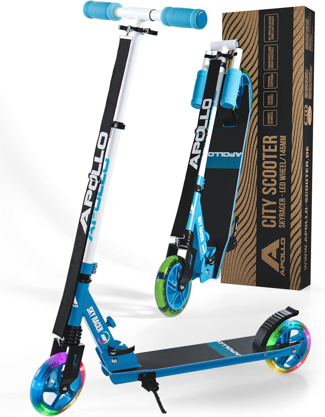 Apollo Skyracer City Roller mit LED Leuchträdern | Roller Kinder 6 Jahre | City Scooter mit Federung