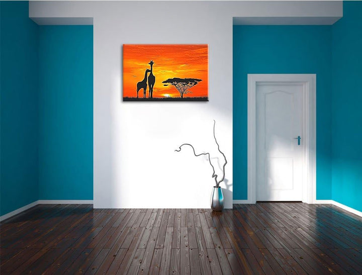 Giraffen im Sonnenuntergang Deluxe Format: 100x70 cm auf Leinwand, XXL riesige Bilder fertig gerahmt