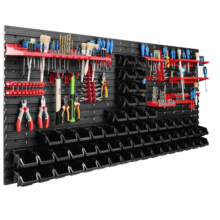 Lagersystem Werkstattregal | 172 x 78 cm | 60 stck. Box | Wandregal mit Werkzeughalterungen und Stap