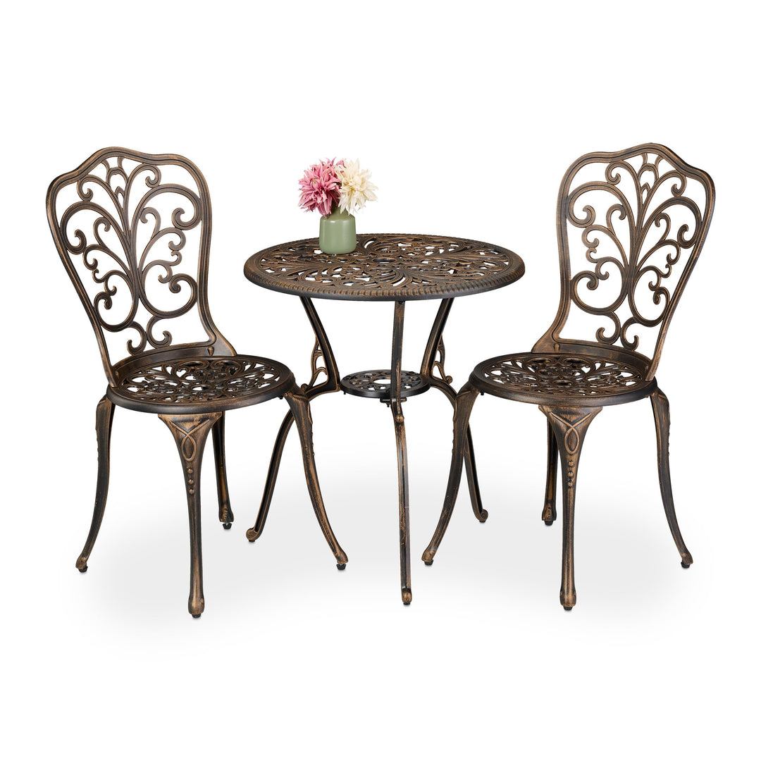 Relaxdays Gartenmöbel Set 3-teilig, Tisch, 2 Stühle, Aluguss, Balkonmöbel Antikdesign, Garten Sitzgr