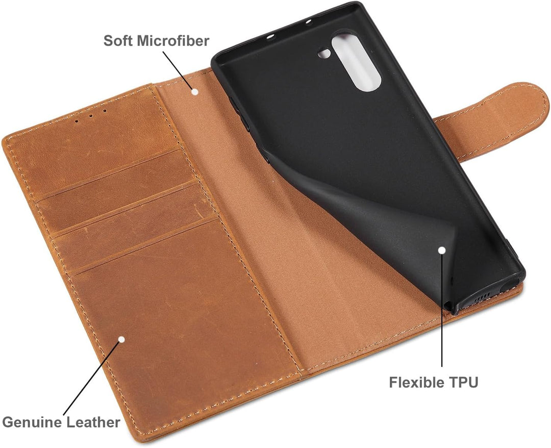 LENSUN Echtleder Hülle für Samsung Galaxy Note 10, Handyhülle [Echtes Leder] [Magnetverschluss] [RFI