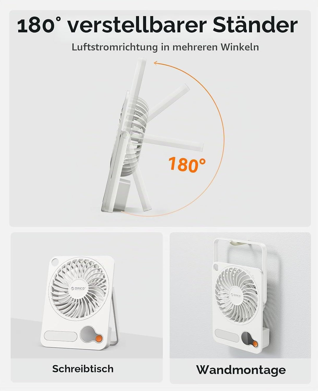 ORICO DoFan USB Tischventilator mit 3200 RPM, 3600mAh Akku &amp; LED Nachtlicht, 180° Flexibler Halterun