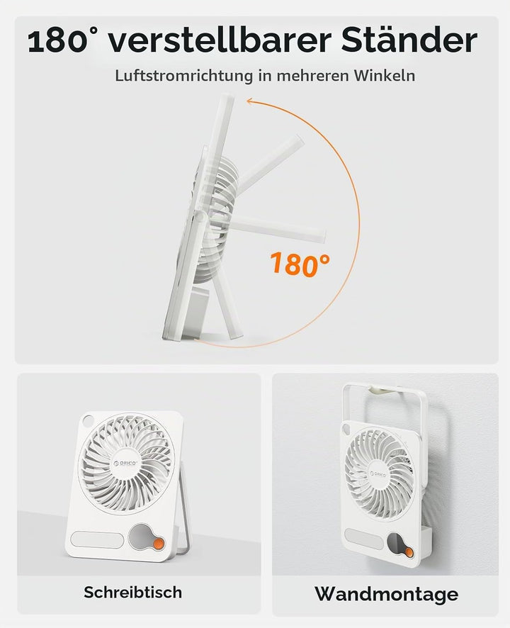 ORICO DoFan USB Tischventilator mit 3200 RPM, 3600mAh Akku &amp; LED Nachtlicht, 180° Flexibler Halterun