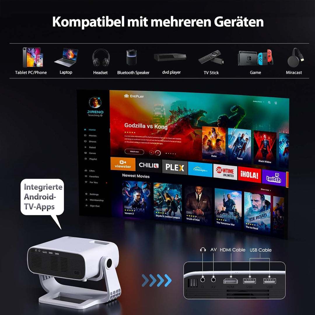 2026 Neuer Upgraded Smart Beamer Full HD 1080P, 25000 Lumens, Android 11，Integrierte Apps, 4D Trapez