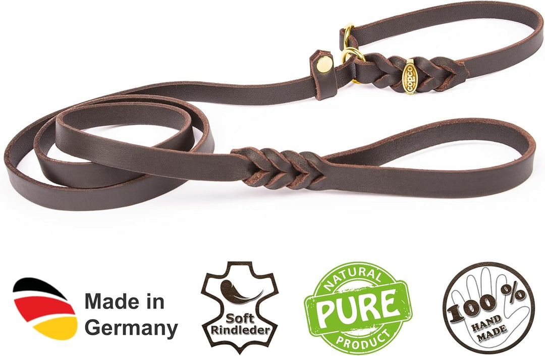 CopcoPet Retrieverleine mit Zugstopp für mittelgrosse Hunde – 1,20m x 12mm Moxonleine in Braun – Fet