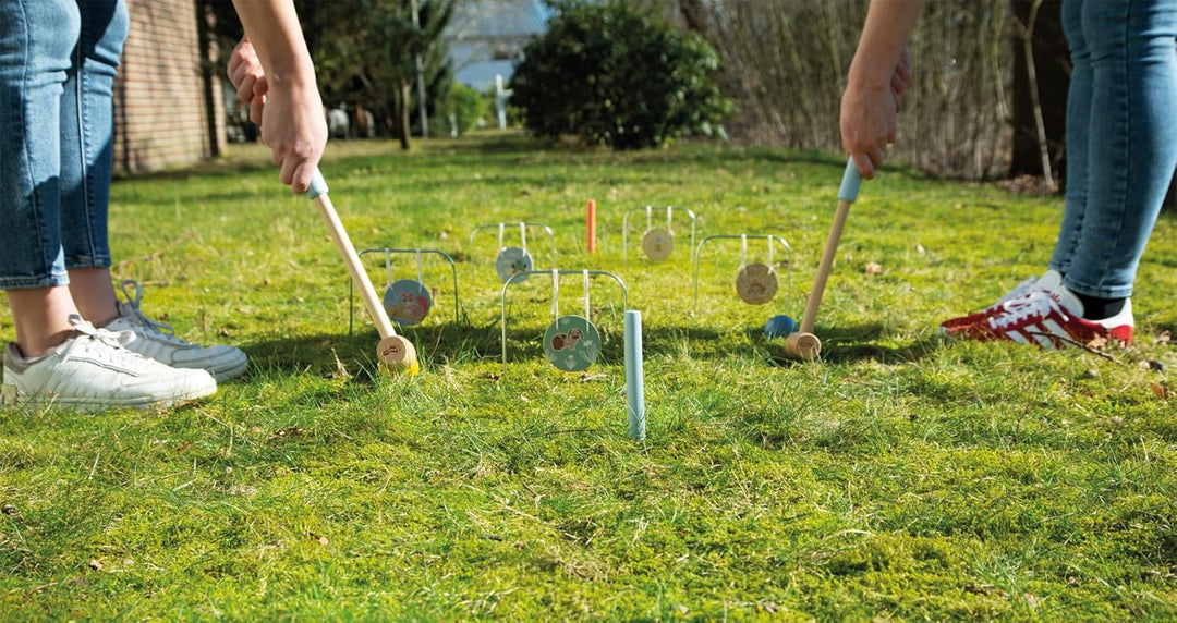 small Foot Krocket „Garden Buddies“ aus Holz, Robustes Outdoor-Spiel mit niedlichen Tiermotiven, für