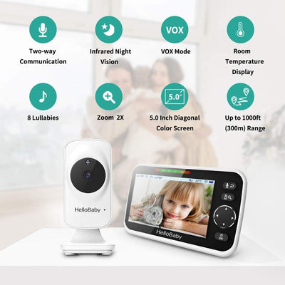 Babyphone mit Kamera und Audio HelloBaby Babyfon Video Baby Monitor 5" Grosser LCD Bildschirm & Fern