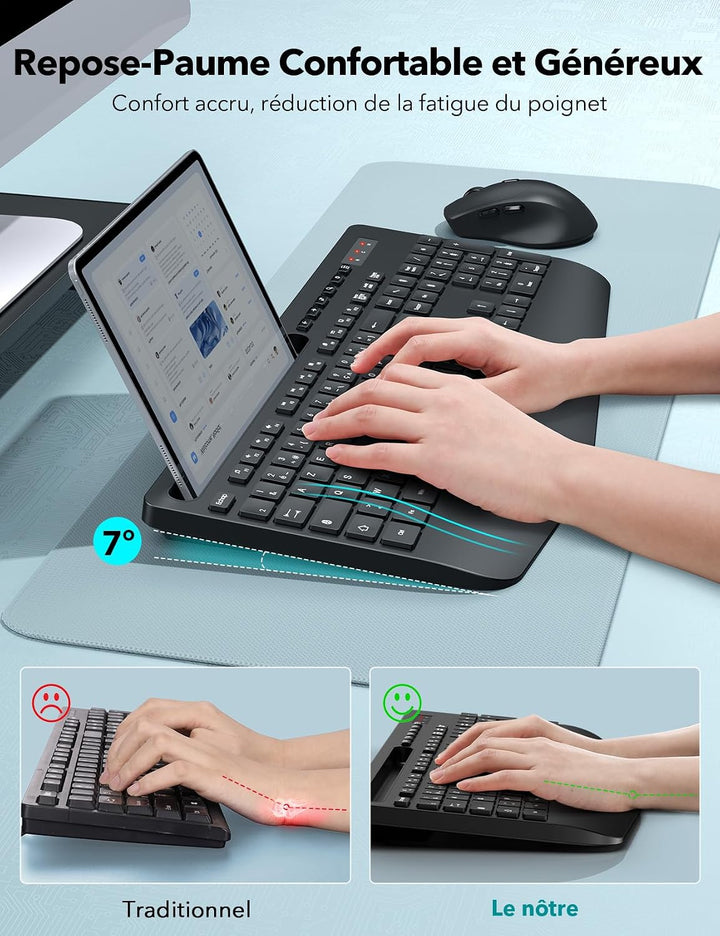 Tastatur Maus Set Kabellos, Ergonomische Tastatur in Voller Grösse mit Handgelenkauflage, Telefonhal