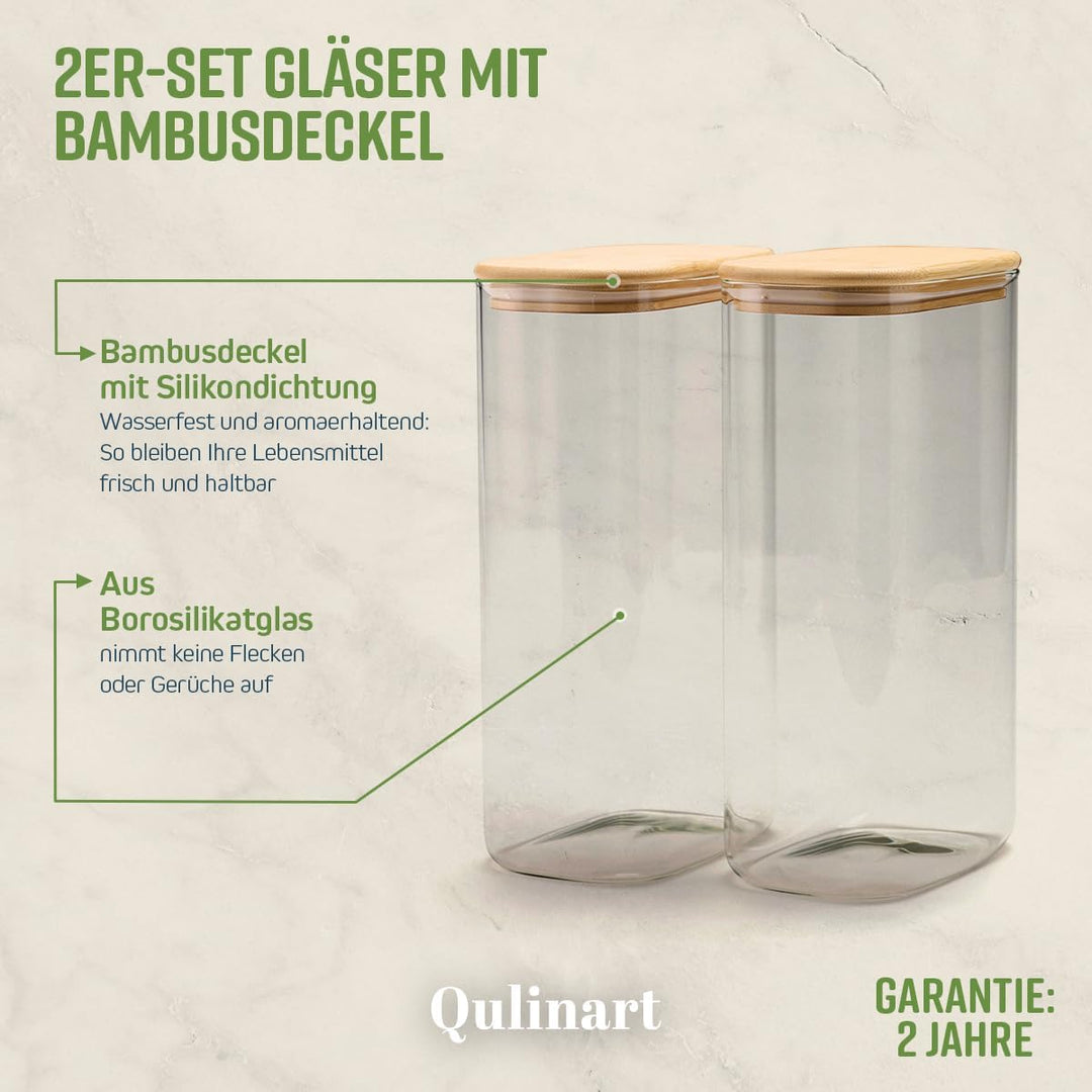 QULINART 2er-Set 3-l-Borosilikatglasgläser mit luftdichtem Bambusdeckel, wiederverwendbare Vorratsgl