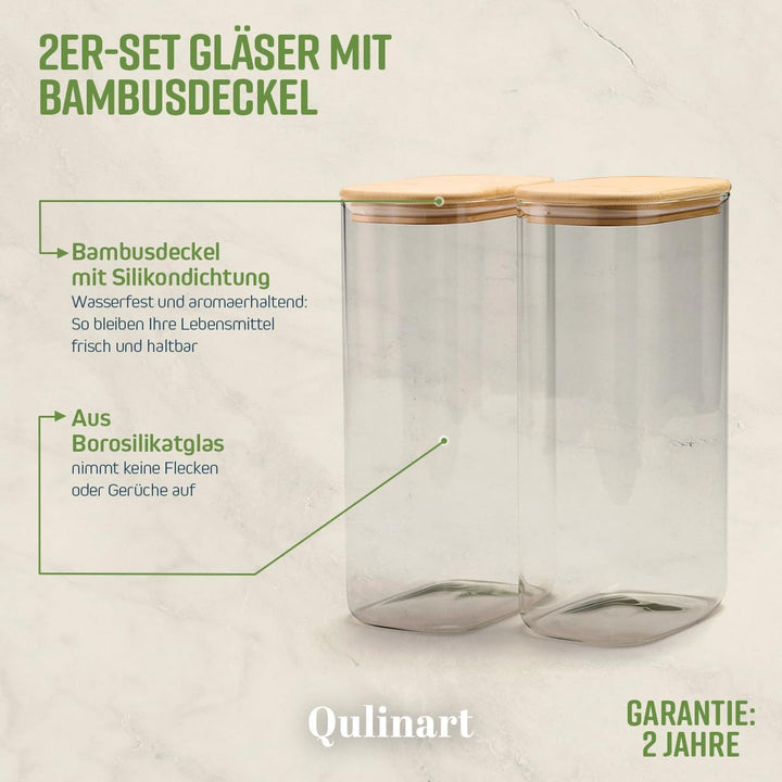 QULINART 2er-Set 3-l-Borosilikatglasgläser mit luftdichtem Bambusdeckel, wiederverwendbare Vorratsgl